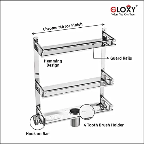 GLOXY ENTERPRISE Stainless Steel 3 Layer Multipurpose Organizer Shelf for Bathroom with Double Soap Dish and Toothbrush Holder Soap Holder Bathroom Accessories (15 x 5 x 19 inch)