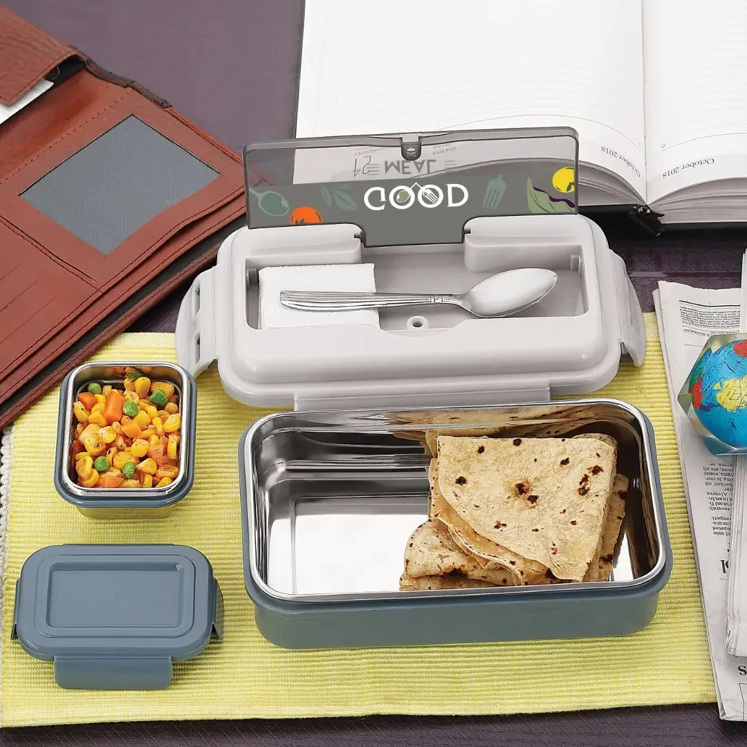 Grey  2 Compartment Stainless Steel Lunch Box for School Going Kids(700ML)