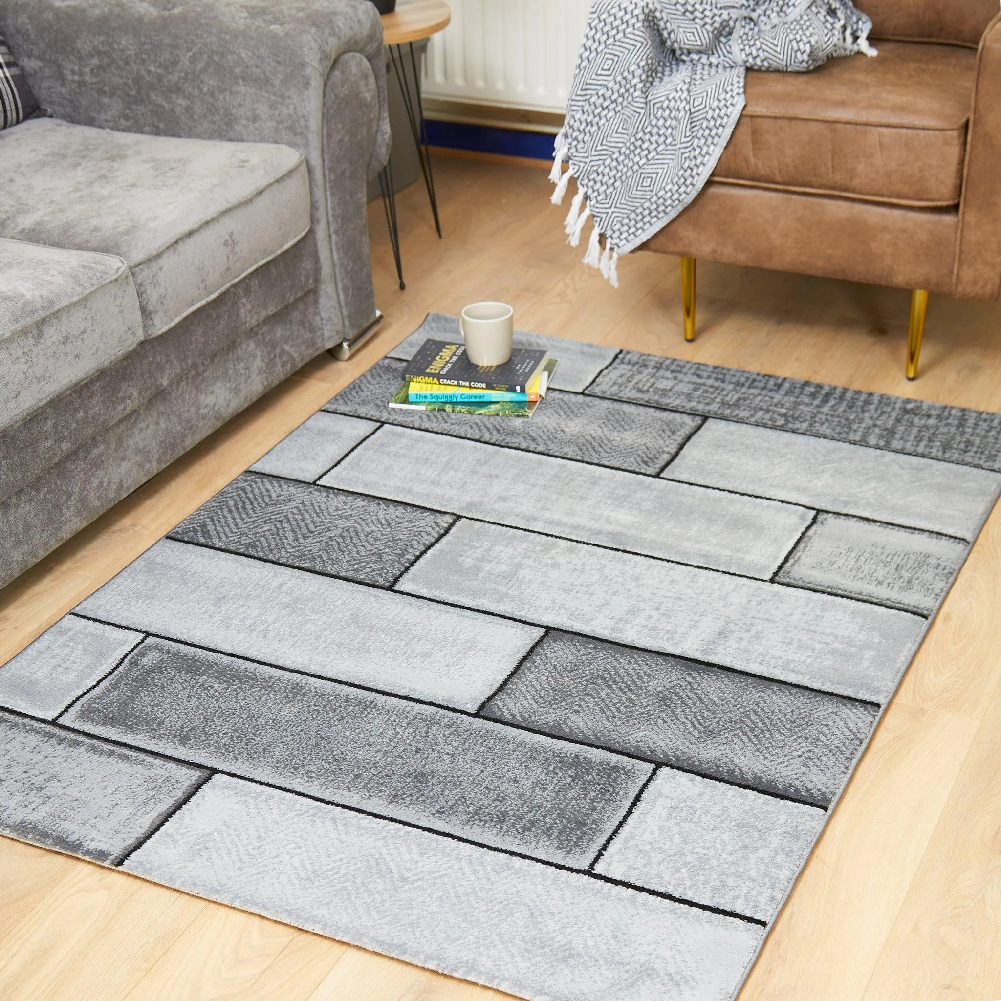 Grey & Black Modern Rectangles Rug - Plus