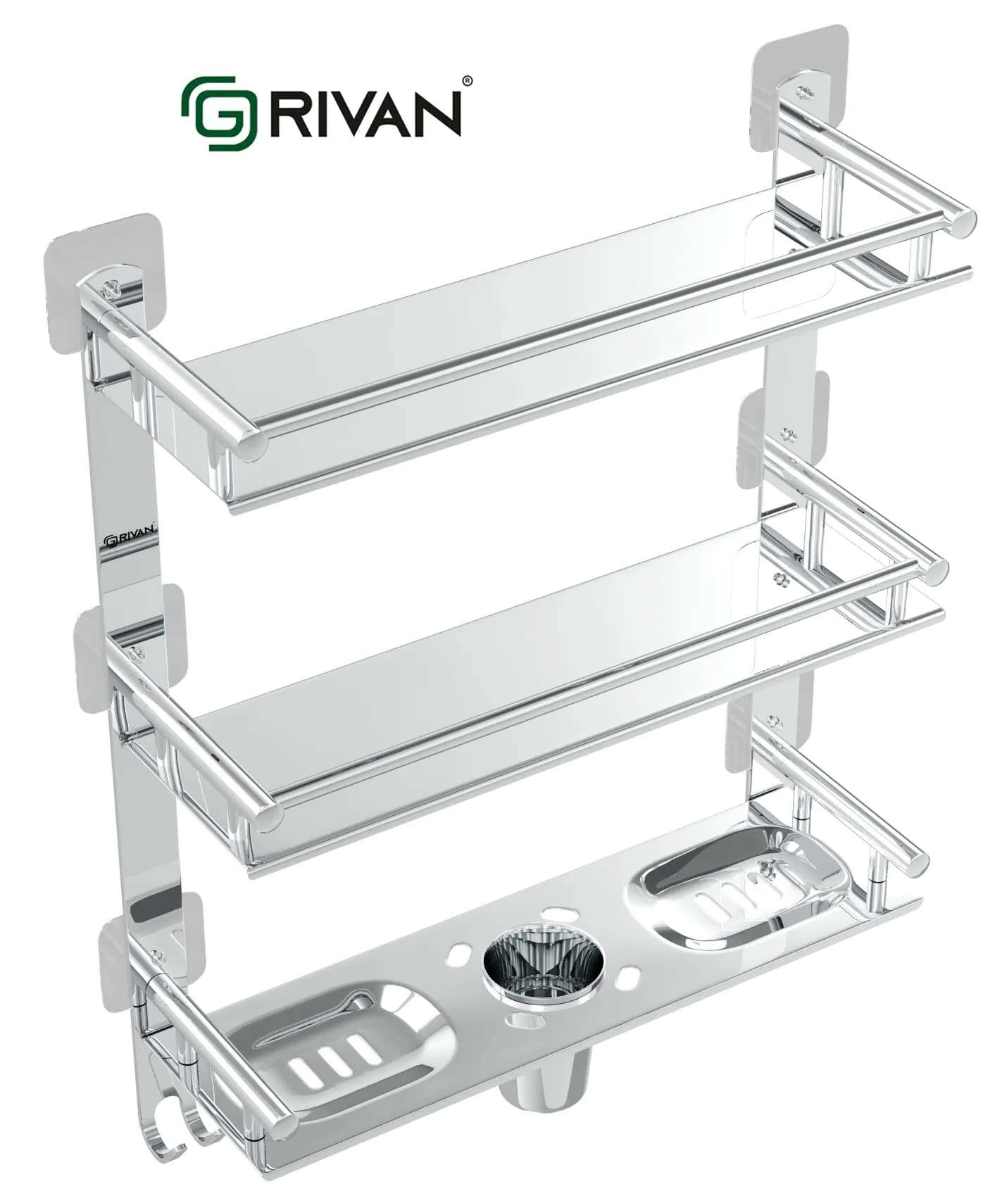 GRIVAN Magic Sticker Shelf Adhesive Anti Rust 3 Tier Multipurpose Bathroom Shelf Organizer with Double Soap Dish and Toothbrush Holder Stainless Steel Bathroom Accessories