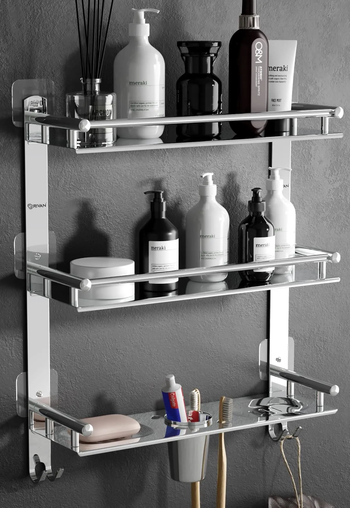 GRIVAN Magic Sticker Shelf Adhesive Anti Rust 3 Tier Multipurpose Bathroom Shelf Organizer with Double Soap Dish and Toothbrush Holder Stainless Steel Bathroom Accessories