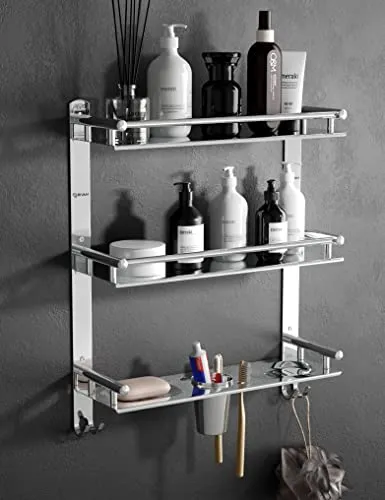 GRIVAN Stainless Steel 3 Layer/3 Tier Multipurpose Bathroom Shelf/Rack/Organizer/Stand/Holder with Double Soap Dish and Toothbrush Holder Tumbler Bathroom Accessories