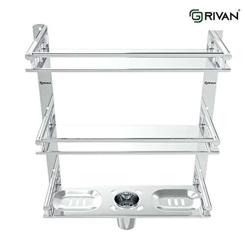 GRIVAN Stainless Steel 3 Layer/3 Tier Multipurpose Bathroom Shelf/Rack/Organizer/Stand/Holder with Double Soap Dish and Toothbrush Holder Tumbler Bathroom Accessories