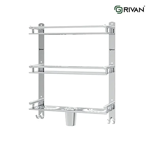 GRIVAN Stainless Steel 3 Layer/3 Tier Multipurpose Bathroom Shelf/Rack/Organizer/Stand/Holder with Double Soap Dish and Toothbrush Holder Tumbler Bathroom Accessories