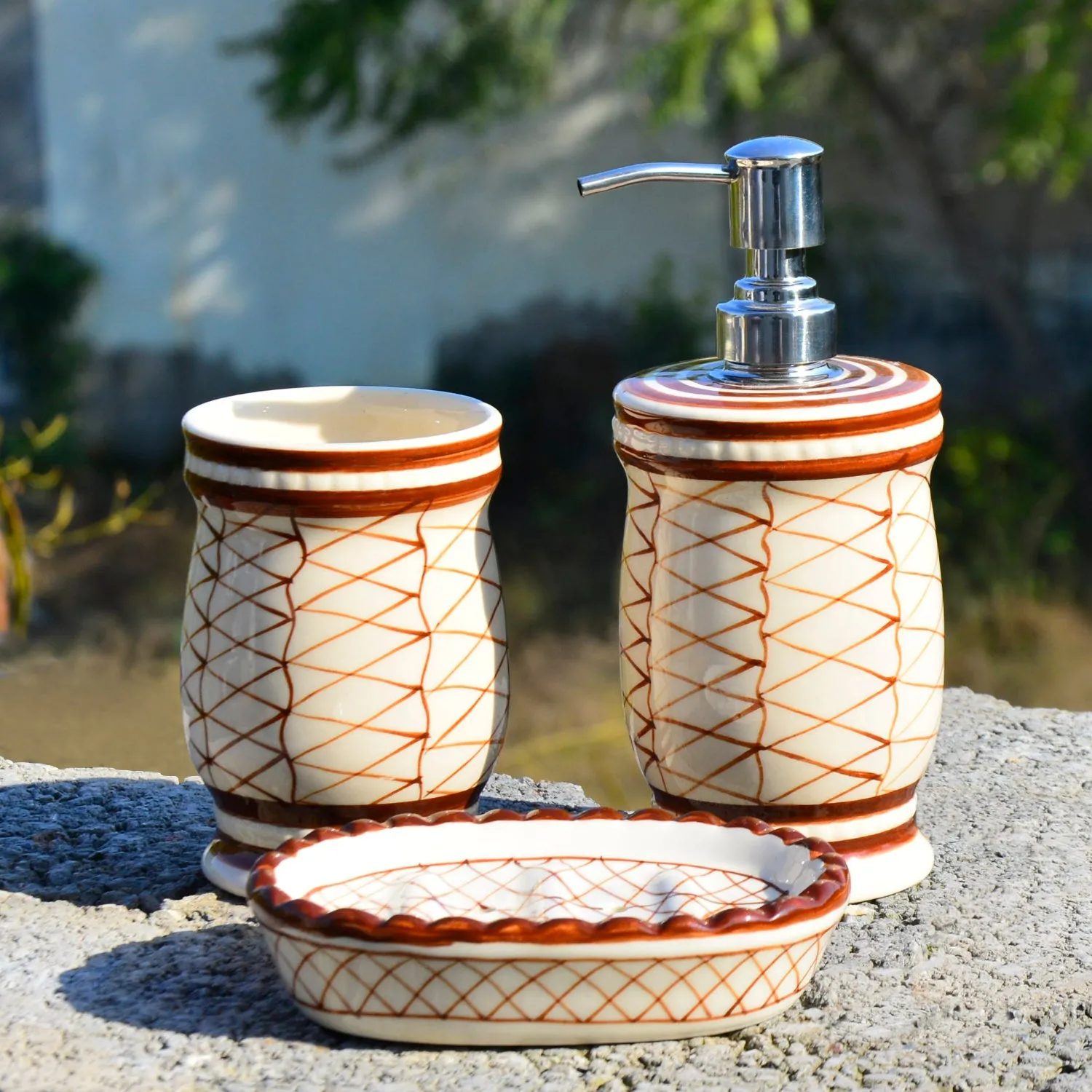 Handpainted Ceramic Bathroom Set (Off White and Brown,1 Liquid Soap Dispenser, 1 Soap Tray, 1 Toothbrush Holder)