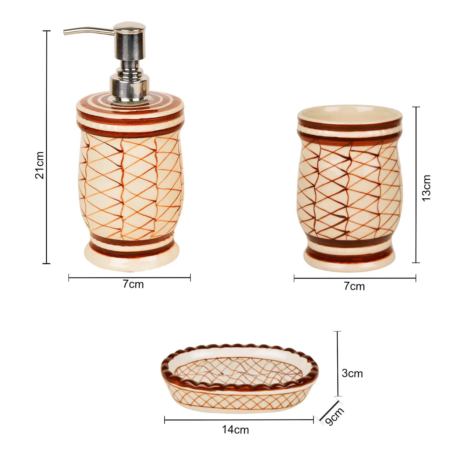 Handpainted Ceramic Bathroom Set (Off White and Brown,1 Liquid Soap Dispenser, 1 Soap Tray, 1 Toothbrush Holder)