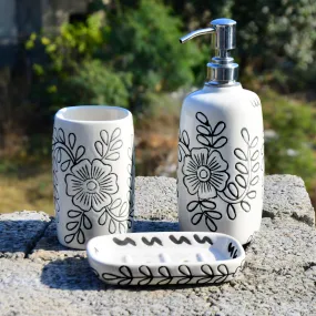 Handpainted Ceramic Bathroom Set (White , Black,1 Liquid Soap Dispenser, 1 Soap Tray, 1 Toothbrush Holder)