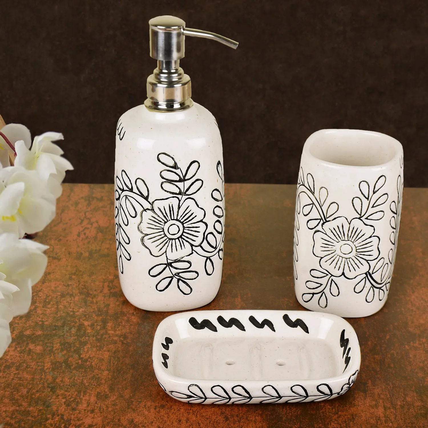 Handpainted Ceramic Bathroom Set (White , Black,1 Liquid Soap Dispenser, 1 Soap Tray, 1 Toothbrush Holder)