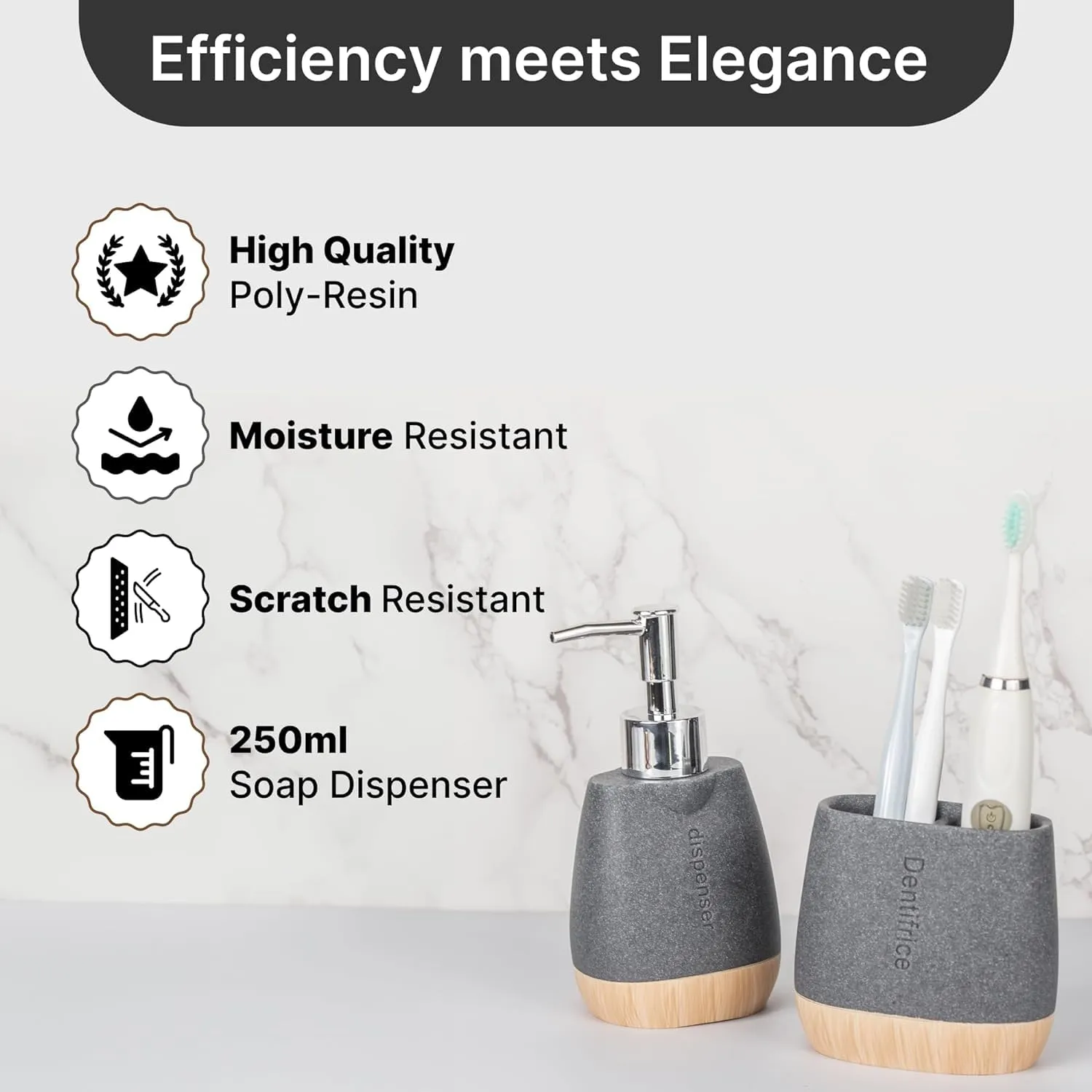 Homestic Premium 2-Piece Bathroom Accessories Set | Tooth Brush Holder | Liquid Soap Dispenser (250ml) | Moisture Resistant | Scratch Proof | Grey-Natural