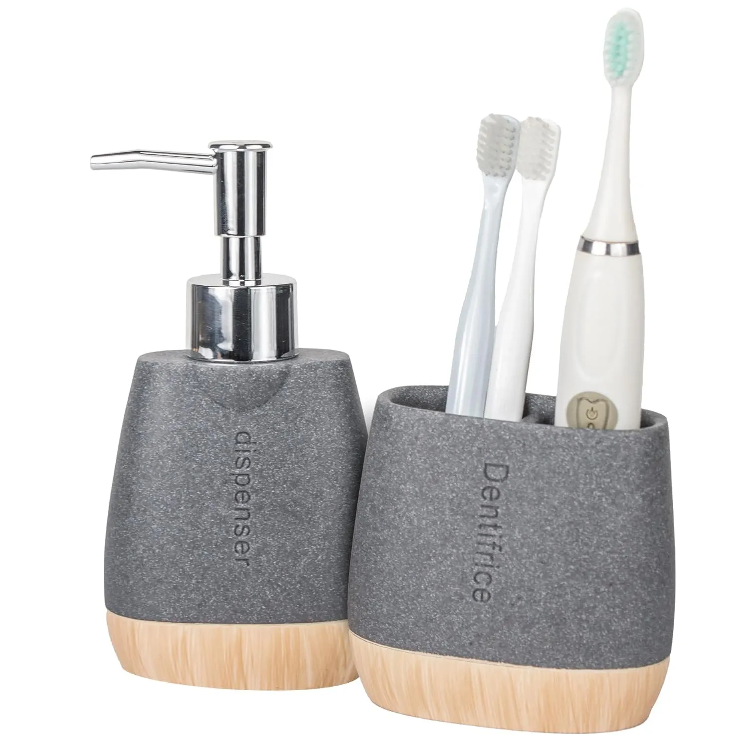 Homestic Premium 2-Piece Bathroom Accessories Set | Tooth Brush Holder | Liquid Soap Dispenser (250ml) | Moisture Resistant | Scratch Proof | Grey-Natural