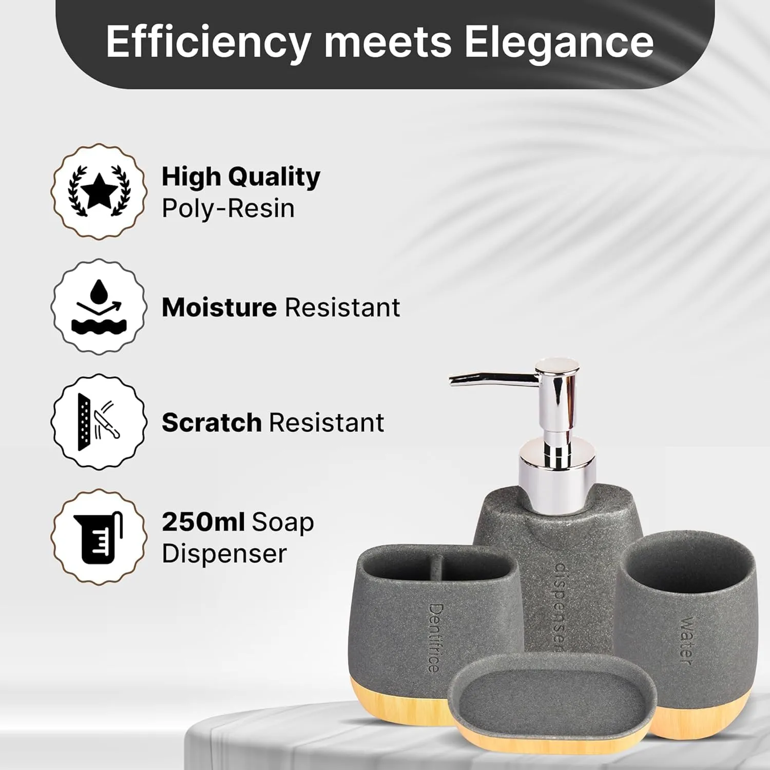 Homestic Premium 4-Piece Bathroom Accessories Set | Soap Dish, Liquid Soap Dispenser (250ml), Tumbler & Brush Holder | Moisture Resistant Scratch Proof | Grey