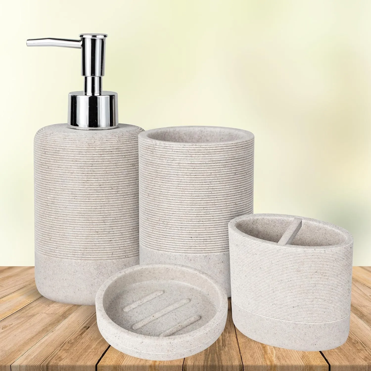 Homestic Premium 4-Piece Bathroom Accessories Set | Soap Dish | Liquid Soap Dispenser (280ml) | Tumbler | Brush Holder | Moisture Resistant | Scratch Proof | Khaki