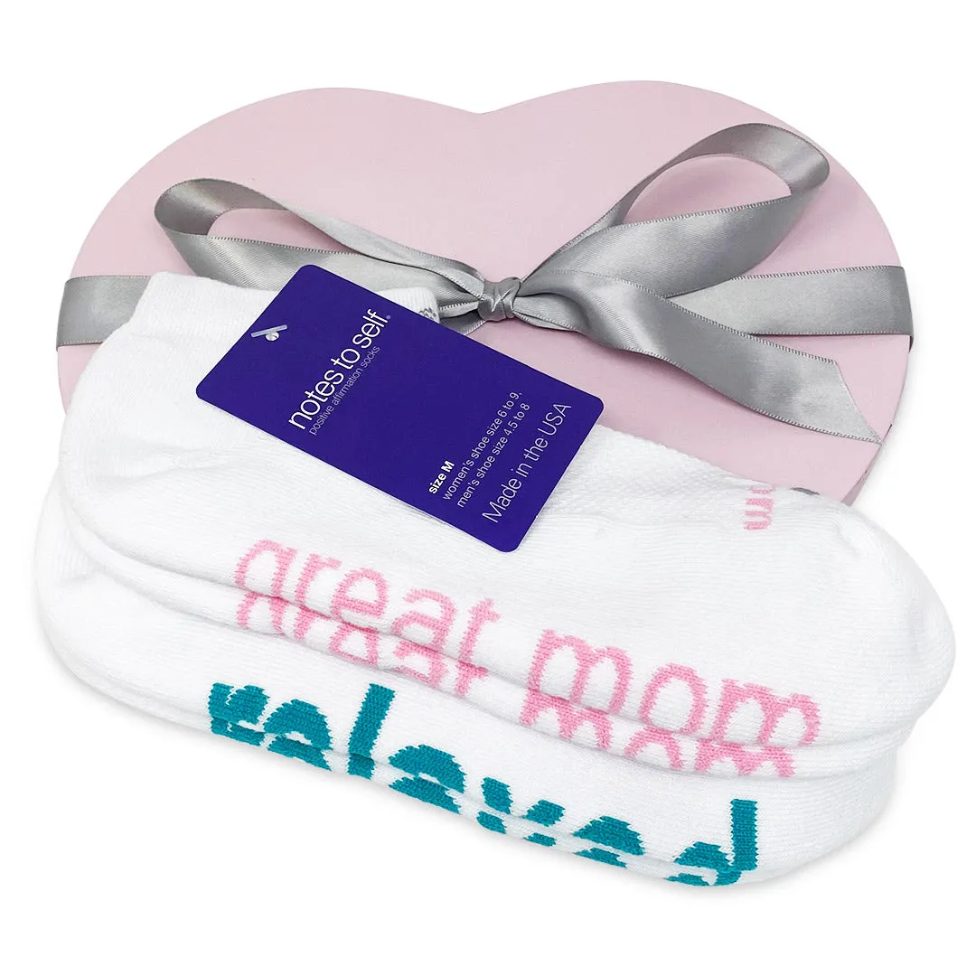 I am a great mom™   I am relaxed® socks in pink heart box