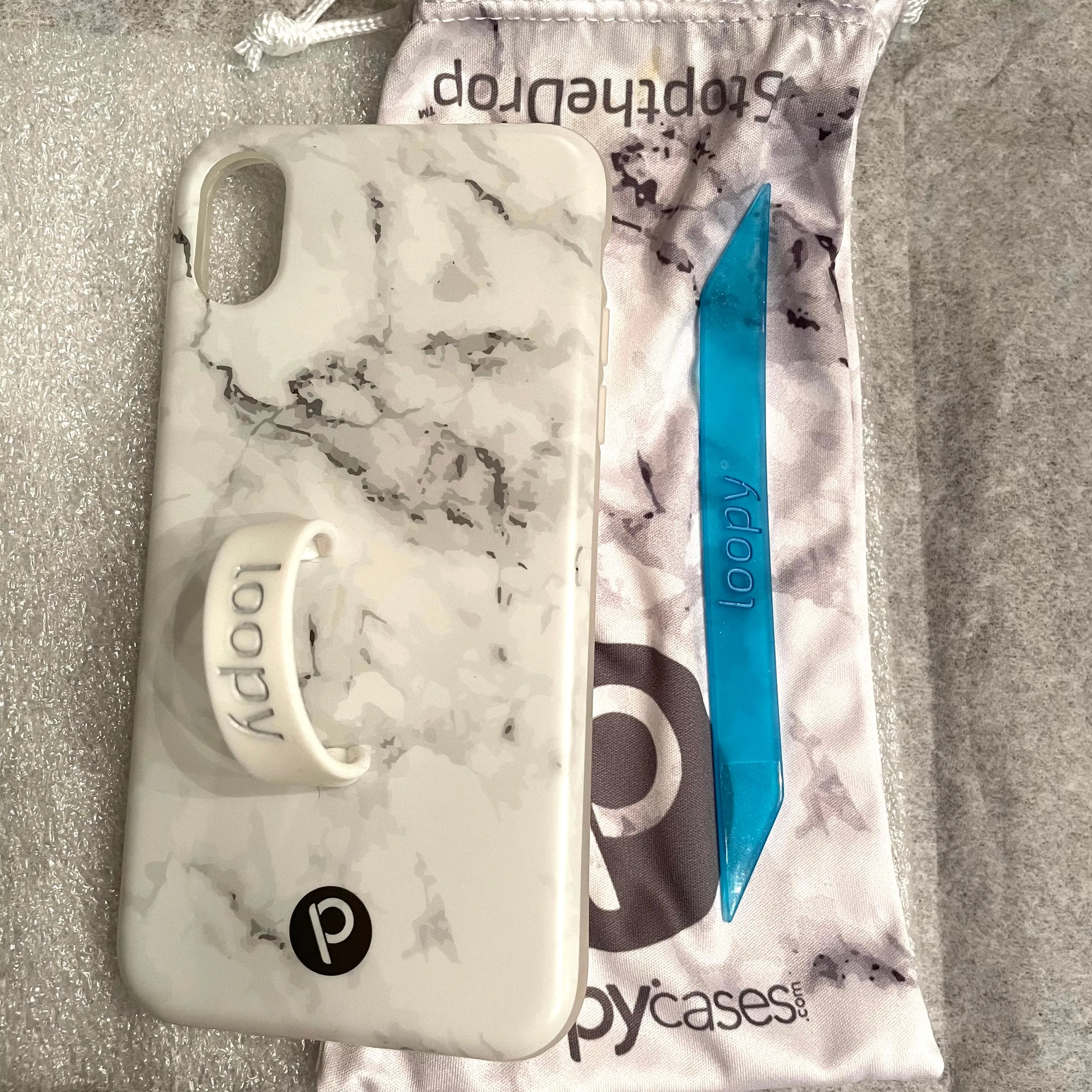 iPhone X White Marble Loopy Case with White and Blue Strap (LIKE NEW)