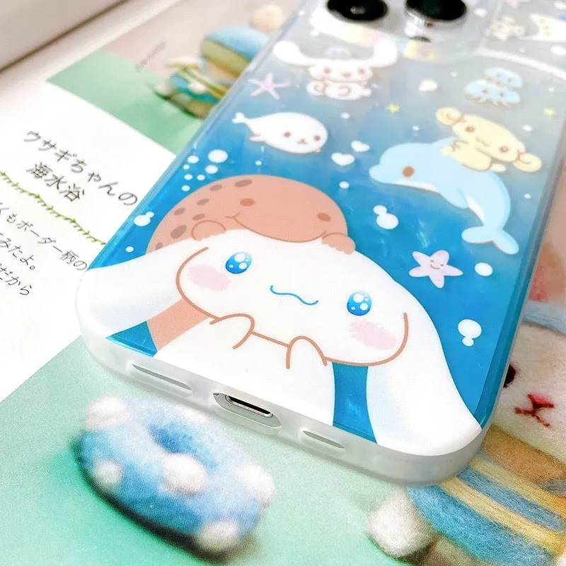 Japanese Cartoon Cinnamonroll with Ocean Marine iPhone Case 12 13 14 15 Pro Promax