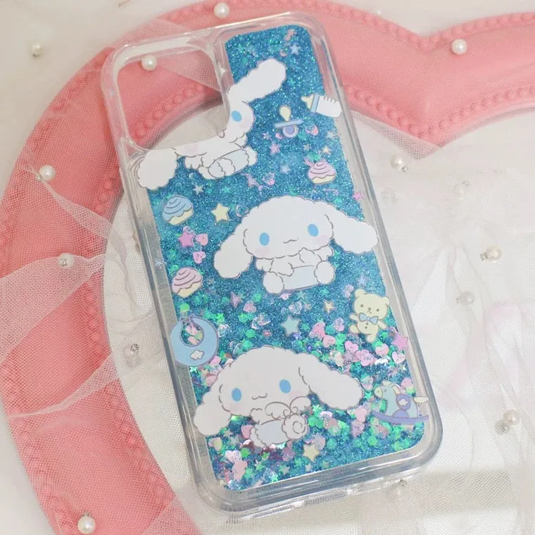 Japanese Cartoon Cinnamoroll Baby Angel - Blue Glitter QuickSand iPhone Case 6 7 8 PLUS SE2 XS XR X 11 12 13 14 15 Pro Promax 12mini 13mini