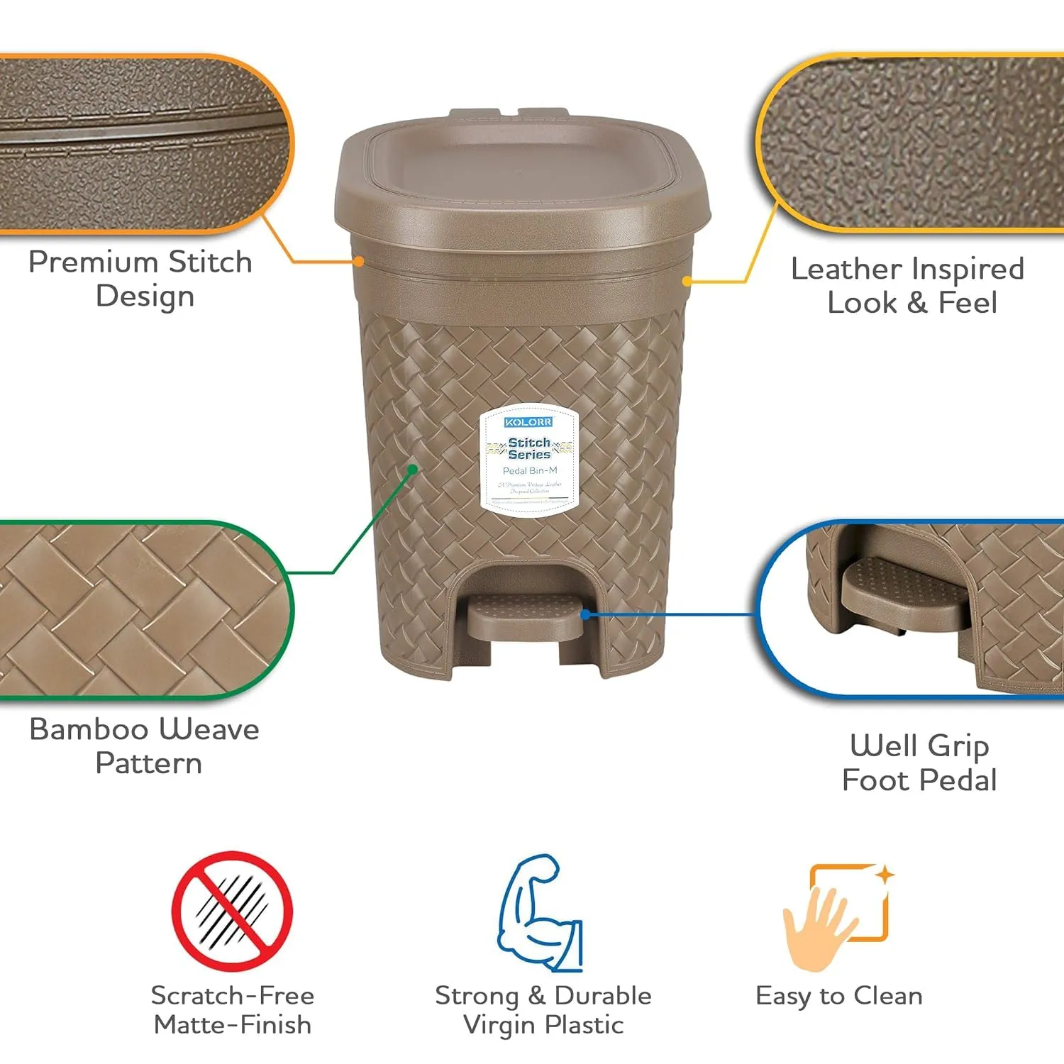 KOLORR Stitch 7 Liters Plastic Pedal Medium Dustbin with Lid and Inner Bucket, Trash Can, Garbage Bin, Waste Bin for Home, Kitchen, Office, School, Bathroom & Washroom - Light Brown