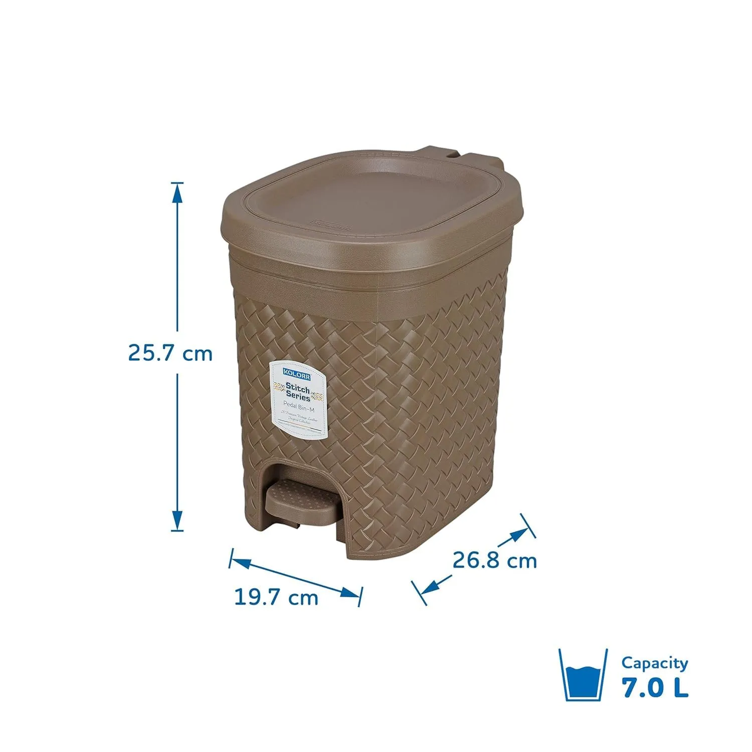 KOLORR Stitch 7 Liters Plastic Pedal Medium Dustbin with Lid and Inner Bucket, Trash Can, Garbage Bin, Waste Bin for Home, Kitchen, Office, School, Bathroom & Washroom - Light Brown