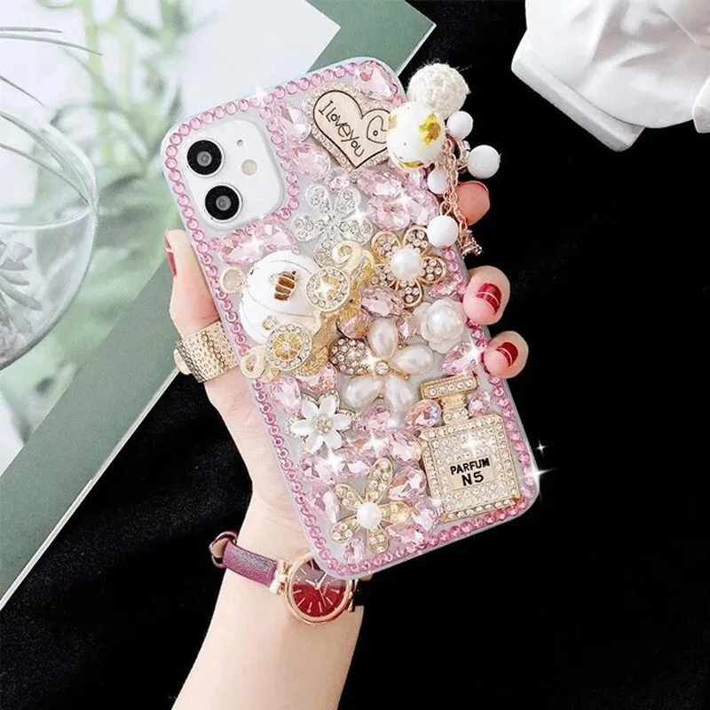 Luxury 3D Gold Purse Carriage Bling Crystal Mobile Phone Case With Pendant For iPhone