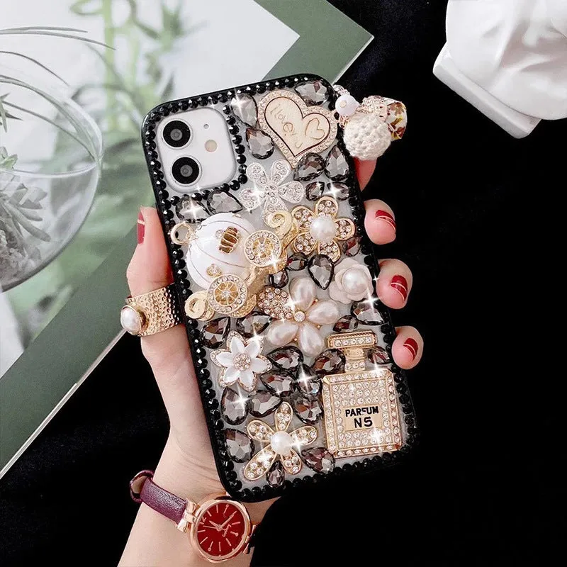 Luxury 3D Gold Purse Carriage Bling Crystal Mobile Phone Case With Pendant For iPhone