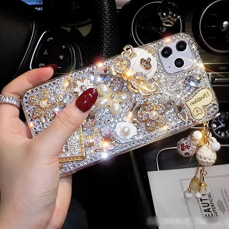 Luxury 3D Gold Purse Carriage Bling Crystal Mobile Phone Case With Pendant For iPhone