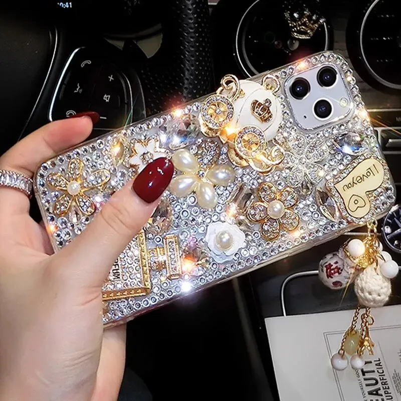 Luxury 3D Gold Purse Carriage Bling Crystal Mobile Phone Case With Pendant For iPhone