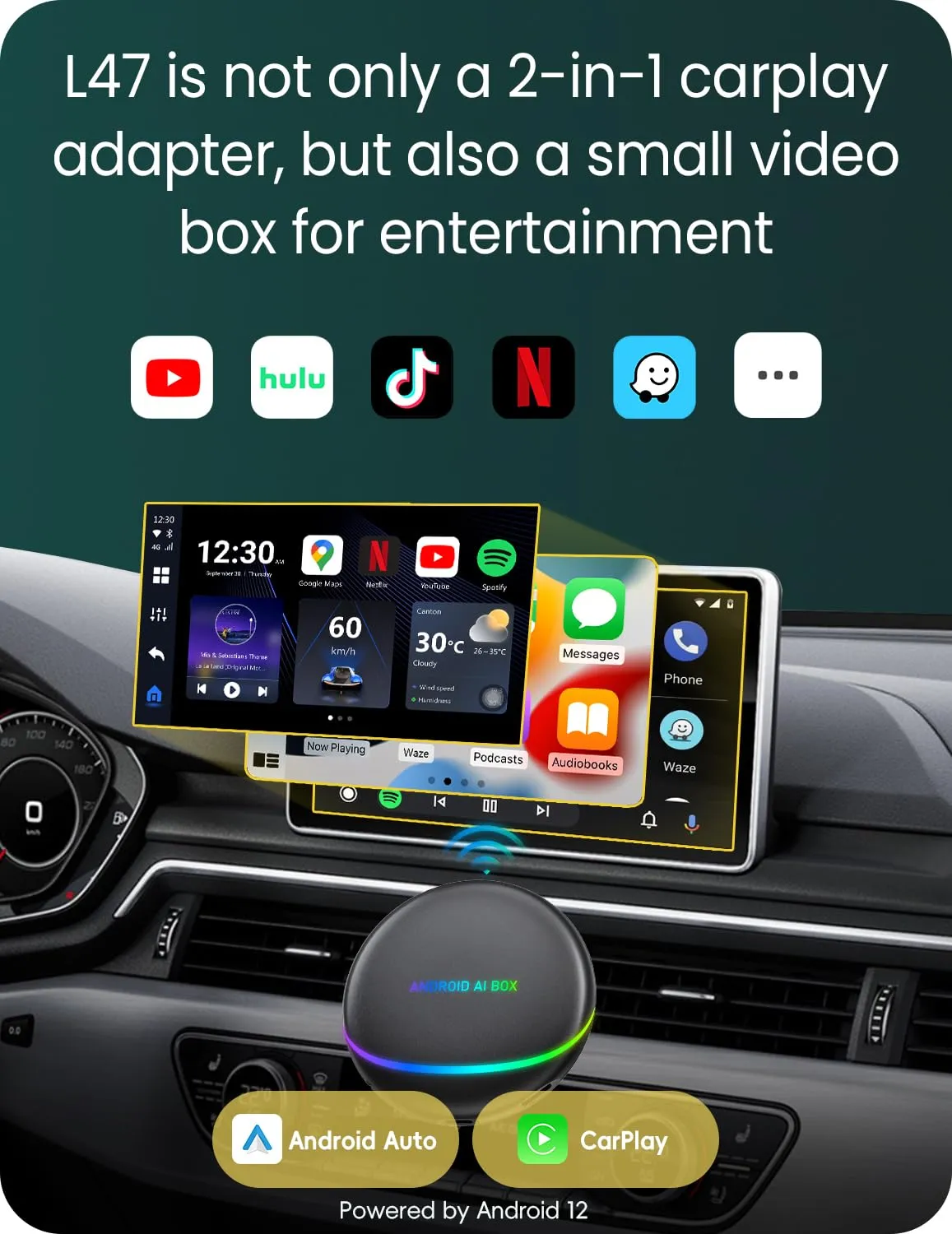 Magic AI Box with Netflix/YouTube/TikTok/Google Play,VeloBlast Wireless Carplay&Android Auto Adapter, Android 12.0 System Carplay Ai Box for Wired Carplay Cars(8 128GB) Only for Wired CarPlay Car