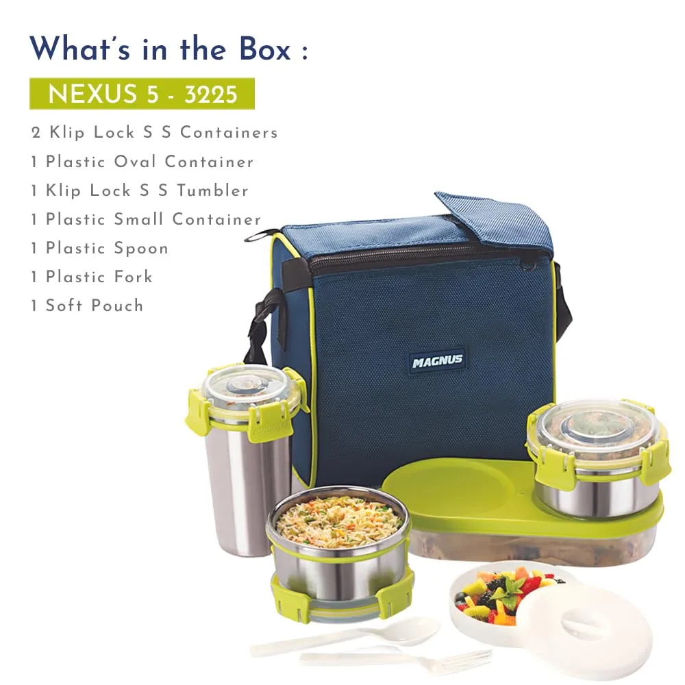 Magnus Nexus 5 Stainless Steel Lunch Box Set | Insulated, Air-Tight, Leakproof Lunch Box for Kids, Office Men & School Tiffin | Suitable for Men, Women - Blue