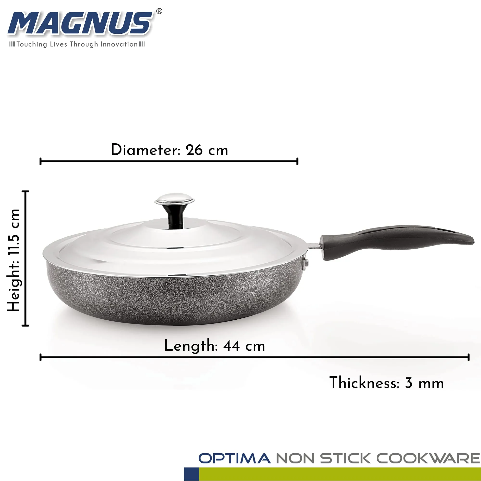 Magnus Optima Non-Stick Aluminum Fry Pan with Stainless Steel Lid, 260 mm(2.4 LTR),3 mm Thickness, Hammertone Finish, (Black & Grey)