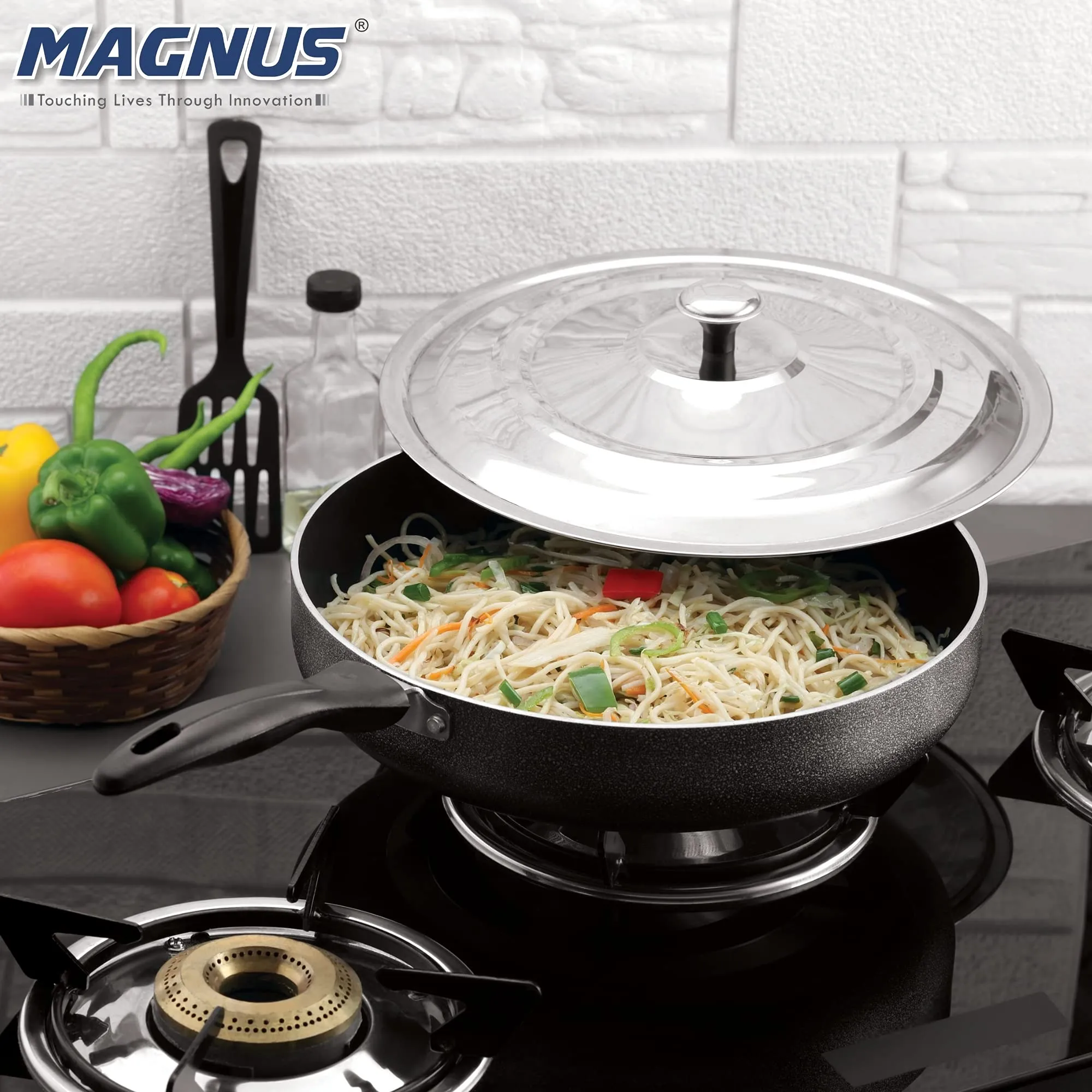 Magnus Optima Non-Stick Aluminum Fry Pan with Stainless Steel Lid, 260 mm(2.4 LTR),3 mm Thickness, Hammertone Finish, (Black & Grey)