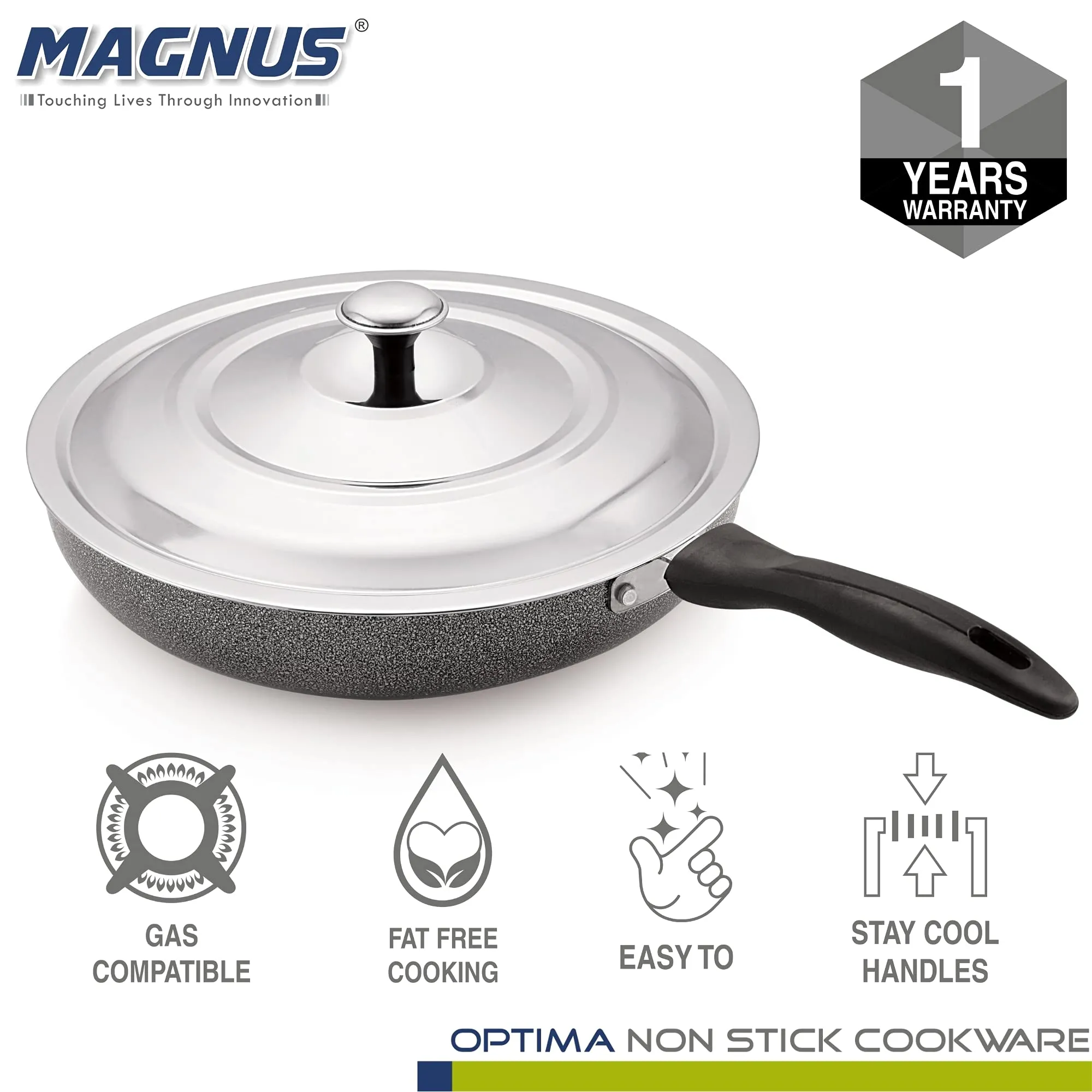 Magnus Optima Non-Stick Aluminum Fry Pan with Stainless Steel Lid, 260 mm(2.4 LTR),3 mm Thickness, Hammertone Finish, (Black & Grey)