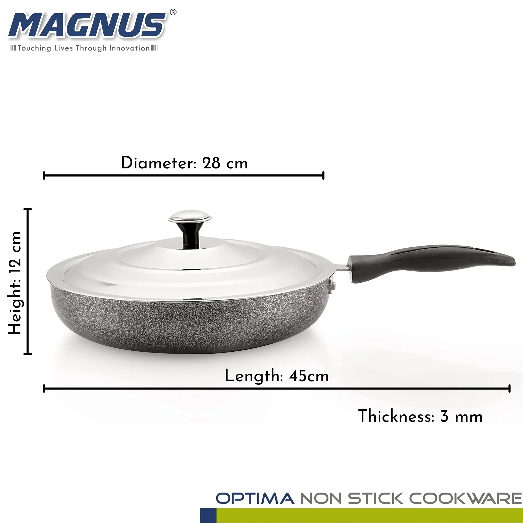 Magnus Optima Non-Stick Aluminum Fry Pan with Stainless Steel Lid, 280 mm(3.1 LTR),3 mm Thickness, Hammertone Finish, (Black & Grey)