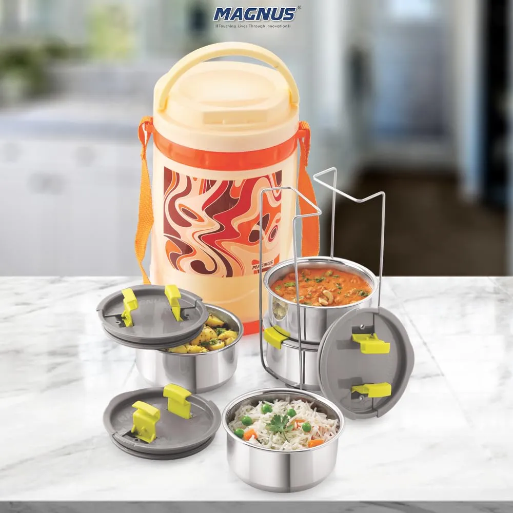 Magnus Pride 4 Insulated Stainless Steel Lunch Box for Kids - Made in India Tiffin Set - Leakproof Lunch Boxes for Office Men, Women - 1000 ml Containers with Insulated Cover - Orange