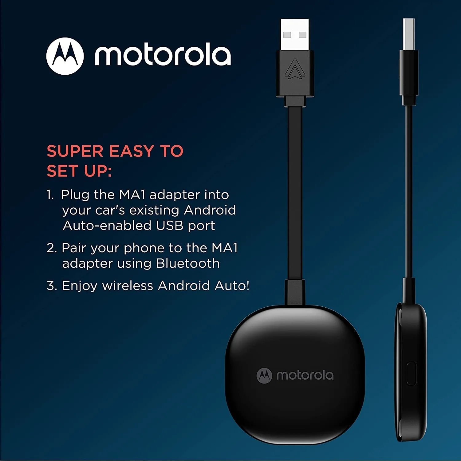 Motorola MA1 Wireless Android Auto Car Adapter - Instant Connection from Smartphone to Car Screen with Easy Setup - Direct Plug-In USB Adapter - Secure Gel Pad Included