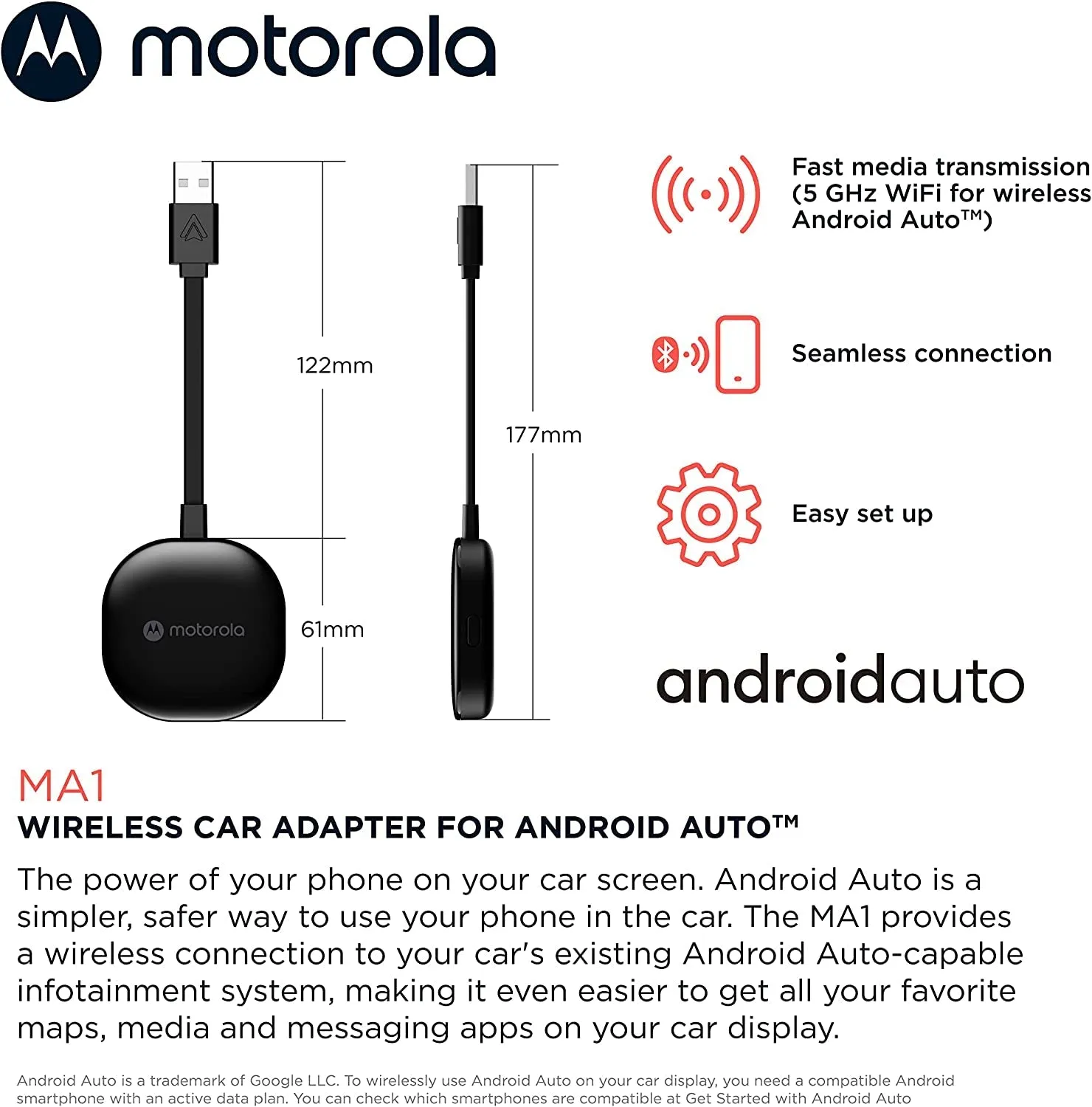 Motorola MA1 Wireless Android Auto Car Adapter - Instant Connection from Smartphone to Car Screen with Easy Setup - Direct Plug-In USB Adapter - Secure Gel Pad Included