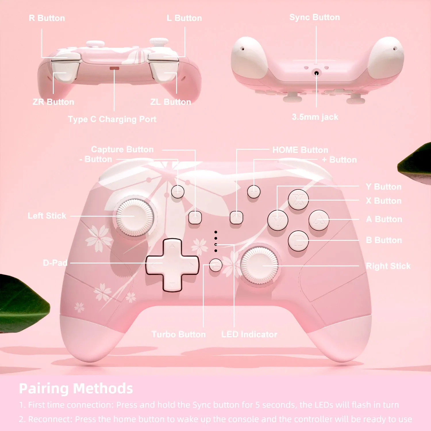 Mytrix Sakura Pink Cherry Wireless Switch Pro Controller for Nintendo Switch, the Newest Switch OLED, and Switch Lite