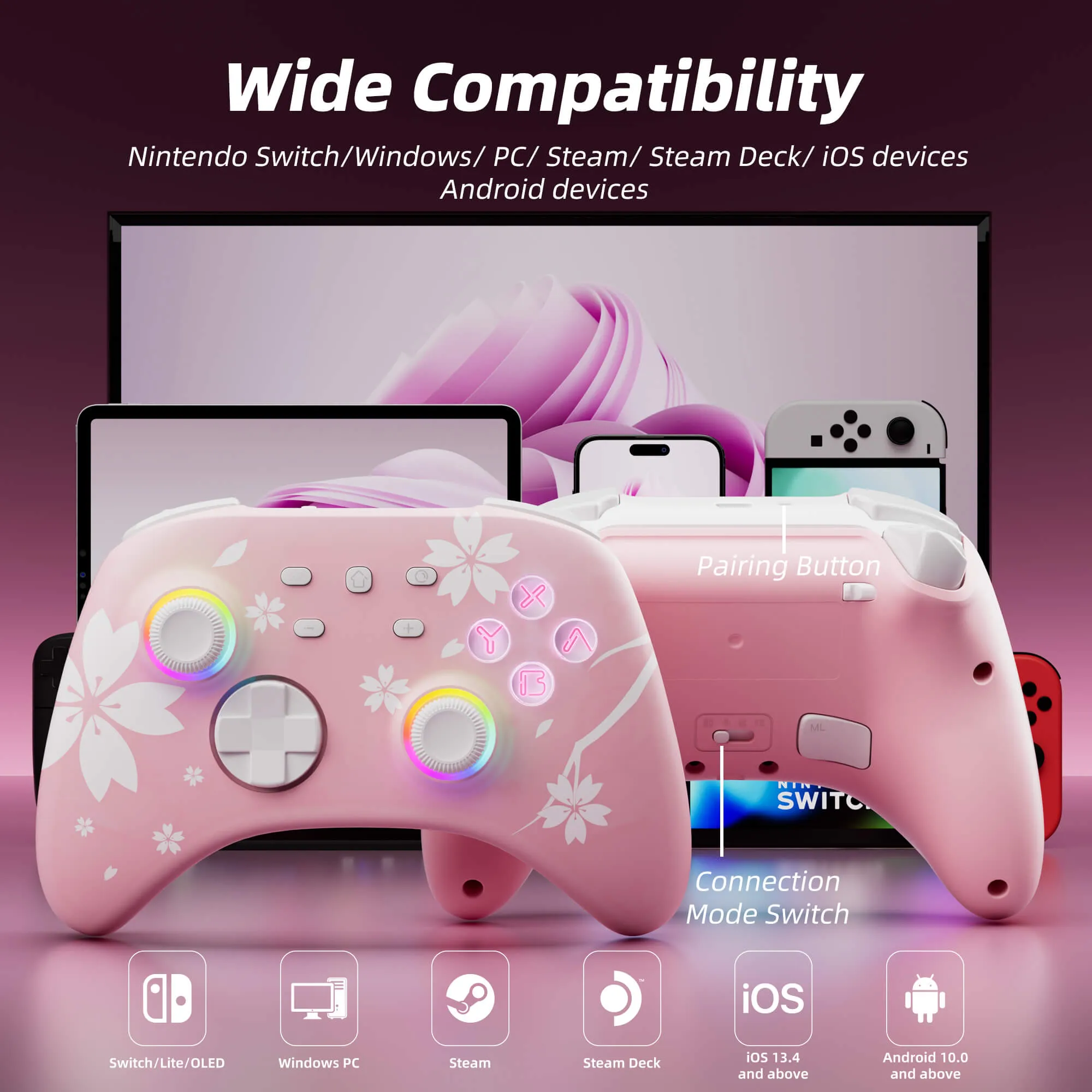 Mytrix Sakura Wireless Pro Controllers with Hall Effect Joysticks/Hall Trigger (No Drift) & 2 Pairs of Replaceable Joysticks.  Bluetooth RGB Controller for Nintendo Switch/Lite/OLED, Windows PC, Steam, Steam Deck, iOS and Android Devices