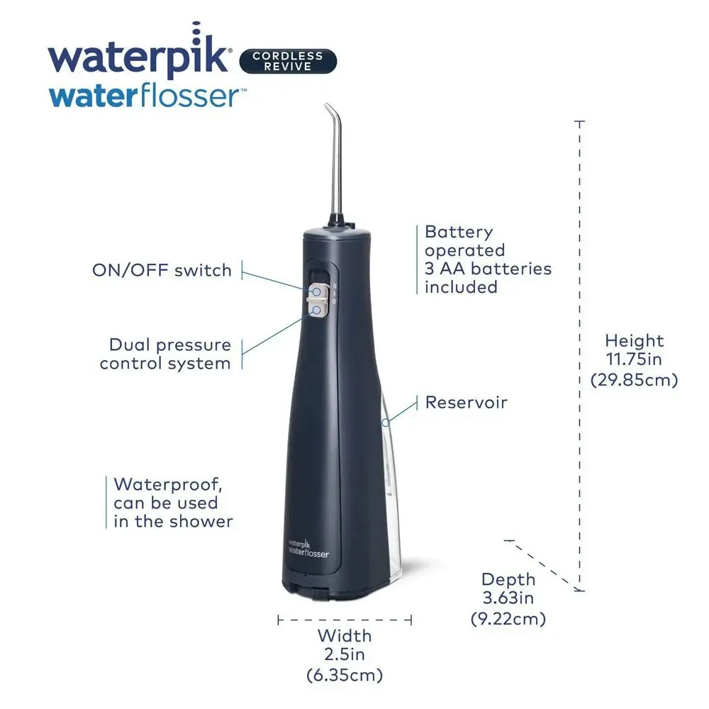 Open Box - Waterpik Cordless Revive Portable Battery Operated Water Flosser - WF-03W033 - Midnight Blue