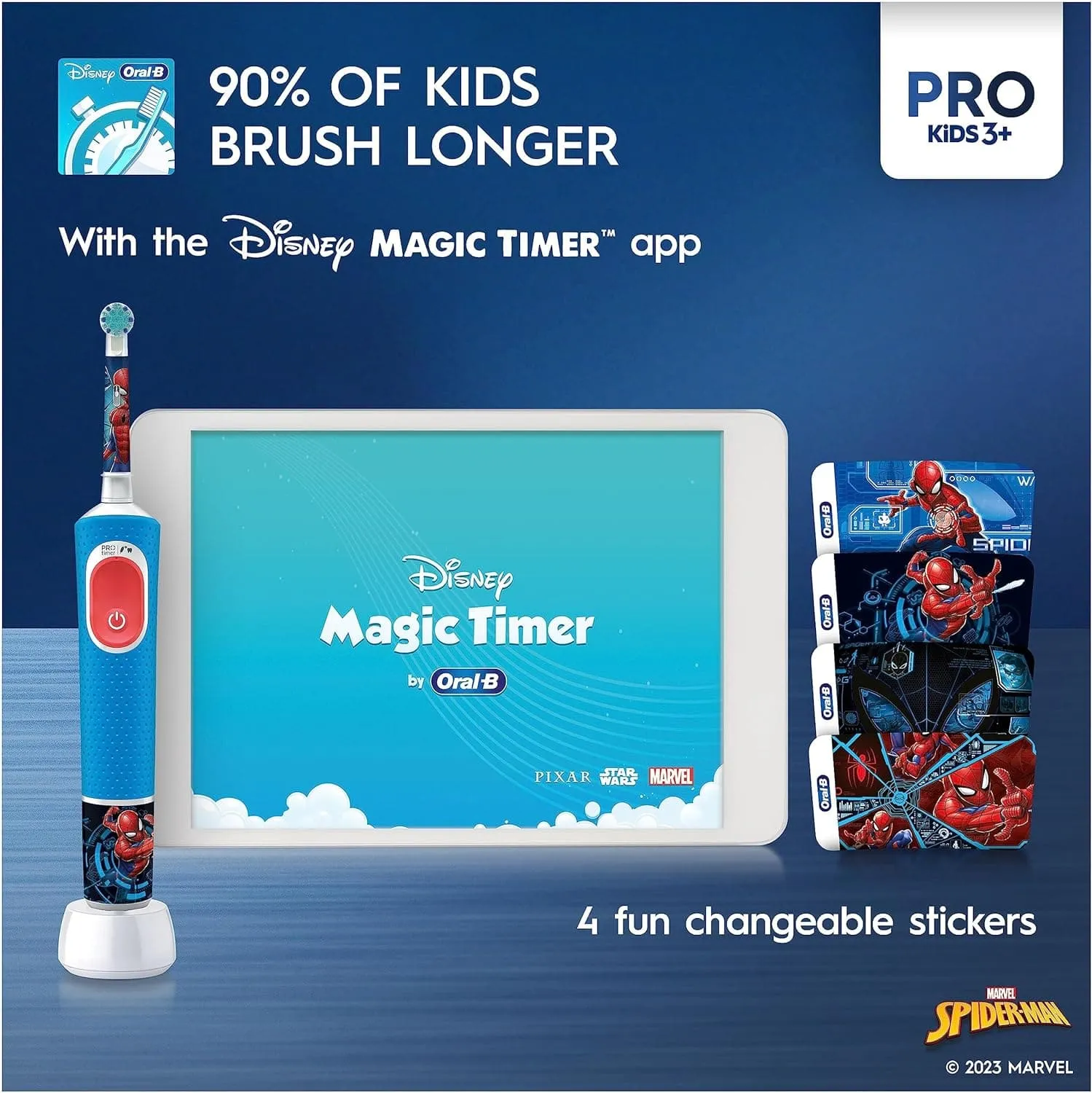 Oral-B Pro Kids Electric Toothbrush, Kids Gifts, 1 Toothbrush Head, x4 Spiderman Stickers, 2 Modes with Kid-Friendly Sensitive Mode, For Ages 3 , 2 Pin UK Plug, Blue