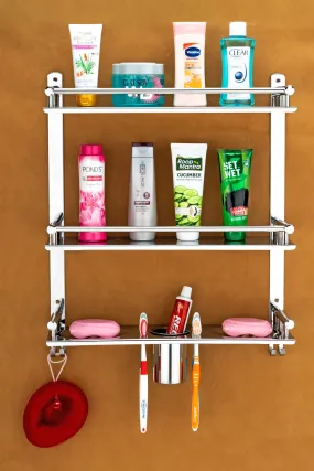 Oslen Stainless Steel 3 Layer Multipurpose Use Shelf Organizer Bathroom Shelf and Rack with Double Soap Dish and Toothbrush Holder Soap Holder Bathroom Accessories (16 x 5 x 19 inch)