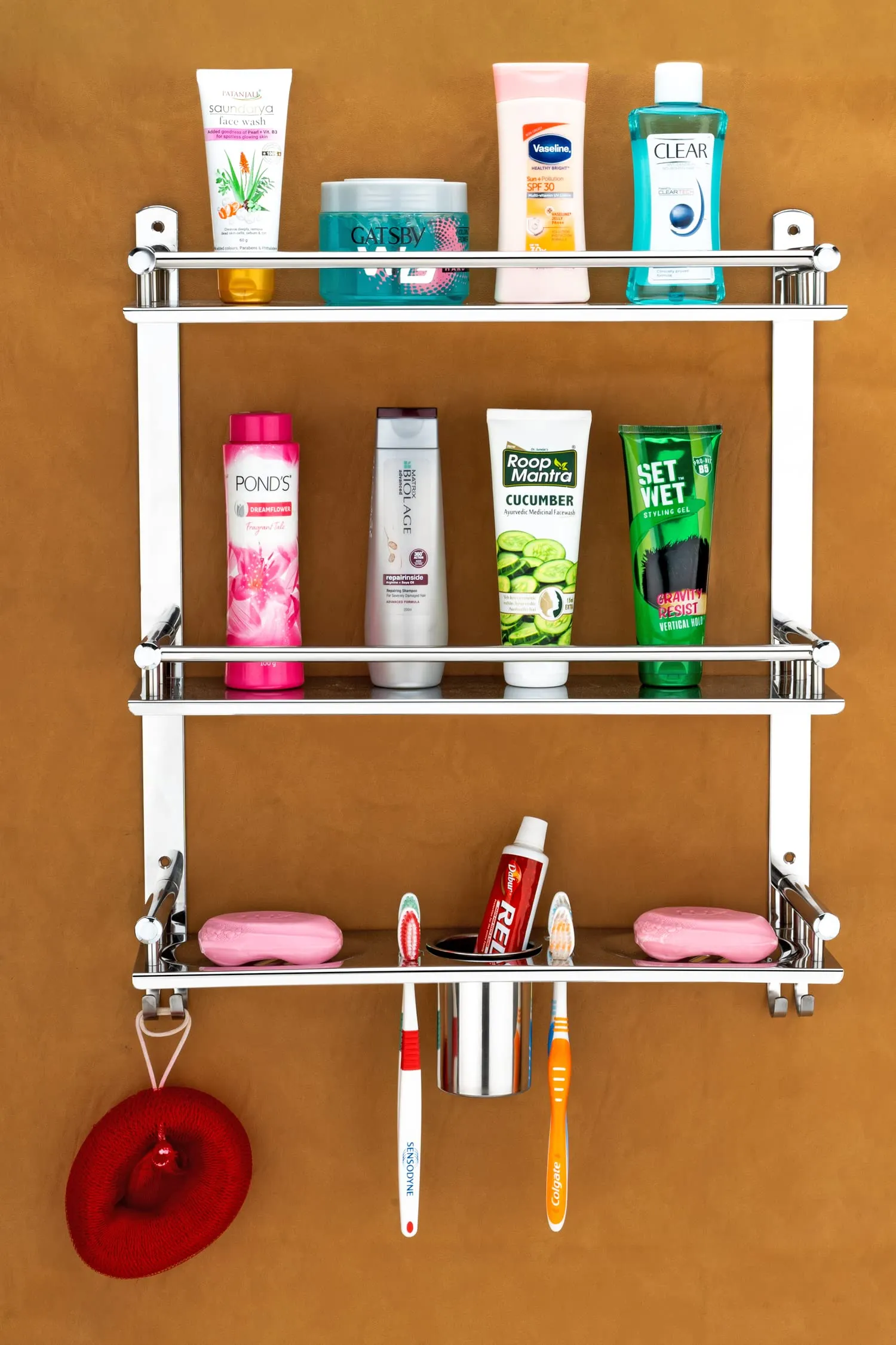 Oslen Stainless Steel 3 Layer Multipurpose Use Shelf Organizer Bathroom Shelf and Rack with Double Soap Dish and Toothbrush Holder Soap Holder Bathroom Accessories (16 x 5 x 19 inch)