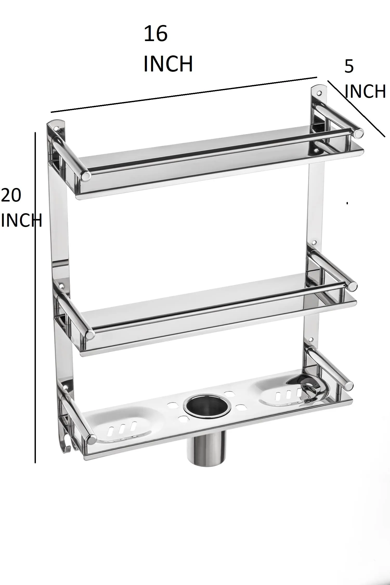 Oslen Stainless Steel 3 Layer Multipurpose Use Shelf Organizer Bathroom Shelf and Rack with Double Soap Dish and Toothbrush Holder Soap Holder Bathroom Accessories (16 x 5 x 19 inch)