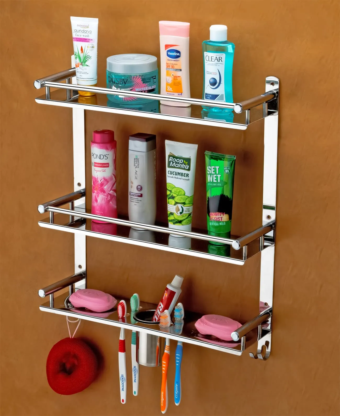 Oslen Stainless Steel 3 Layer Multipurpose Use Shelf Organizer Bathroom Shelf and Rack with Double Soap Dish and Toothbrush Holder Soap Holder Bathroom Accessories (16 x 5 x 19 inch)