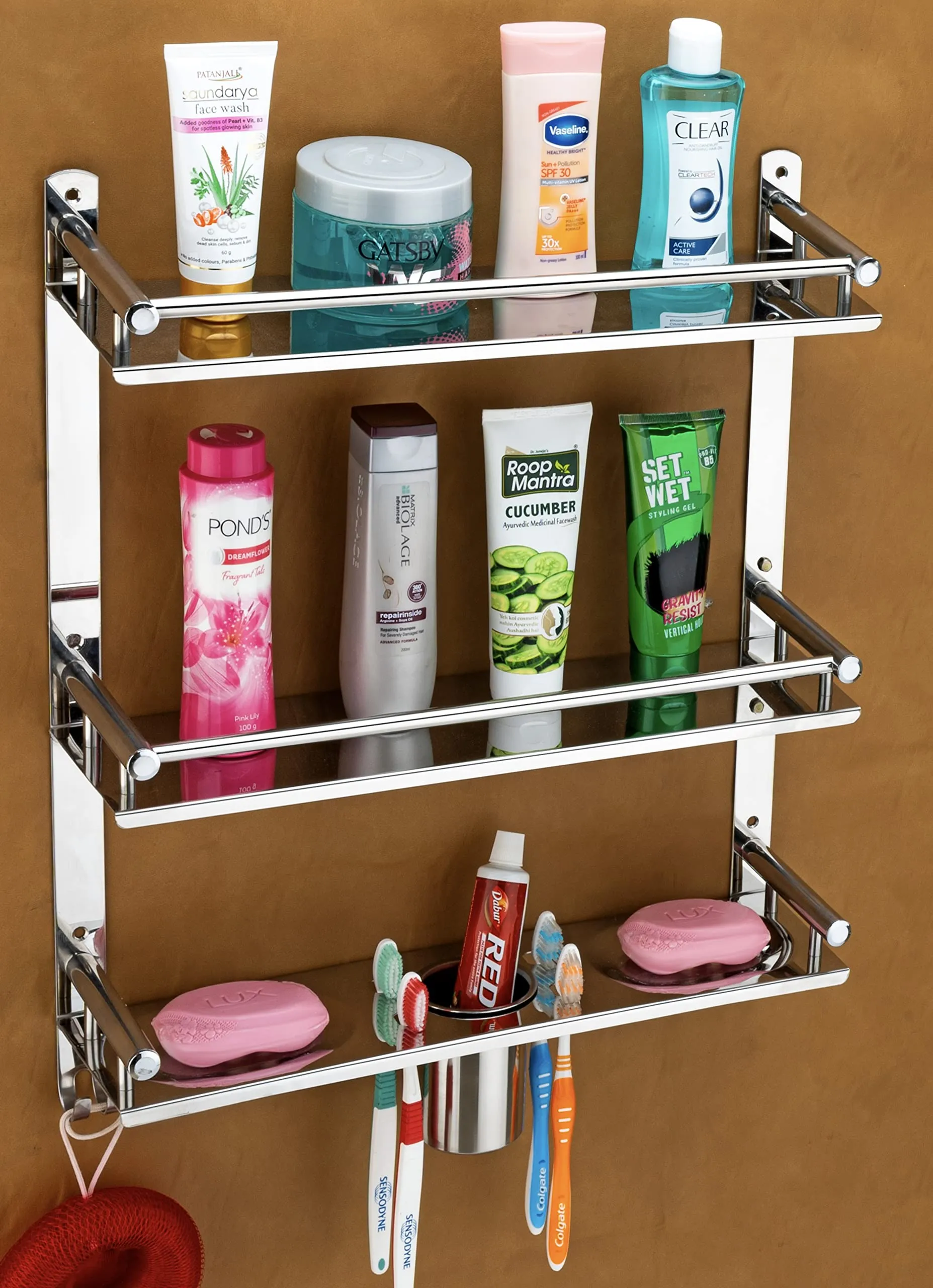 Oslen Stainless Steel 3 Layer Multipurpose Use Shelf Organizer Bathroom Shelf and Rack with Double Soap Dish and Toothbrush Holder Soap Holder Bathroom Accessories (16 x 5 x 19 inch)