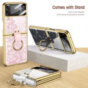 Painted Electroplated Glass Ring Bracket Holder With Lens Film Shockproof Protection Phone Case For Samsung Galaxy Z Flip