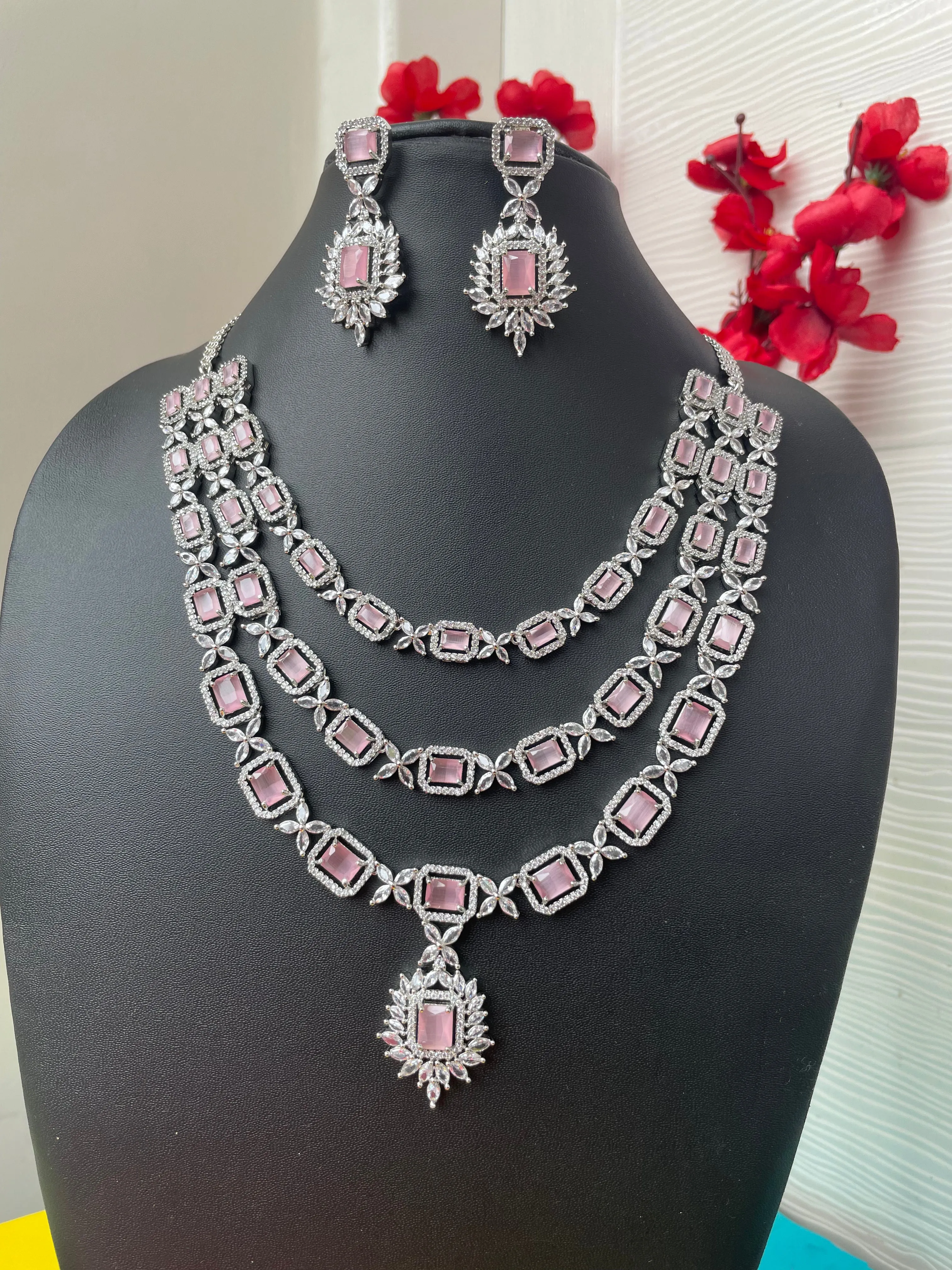 Pastel Pink Triple Layered Necklace-Elegance8