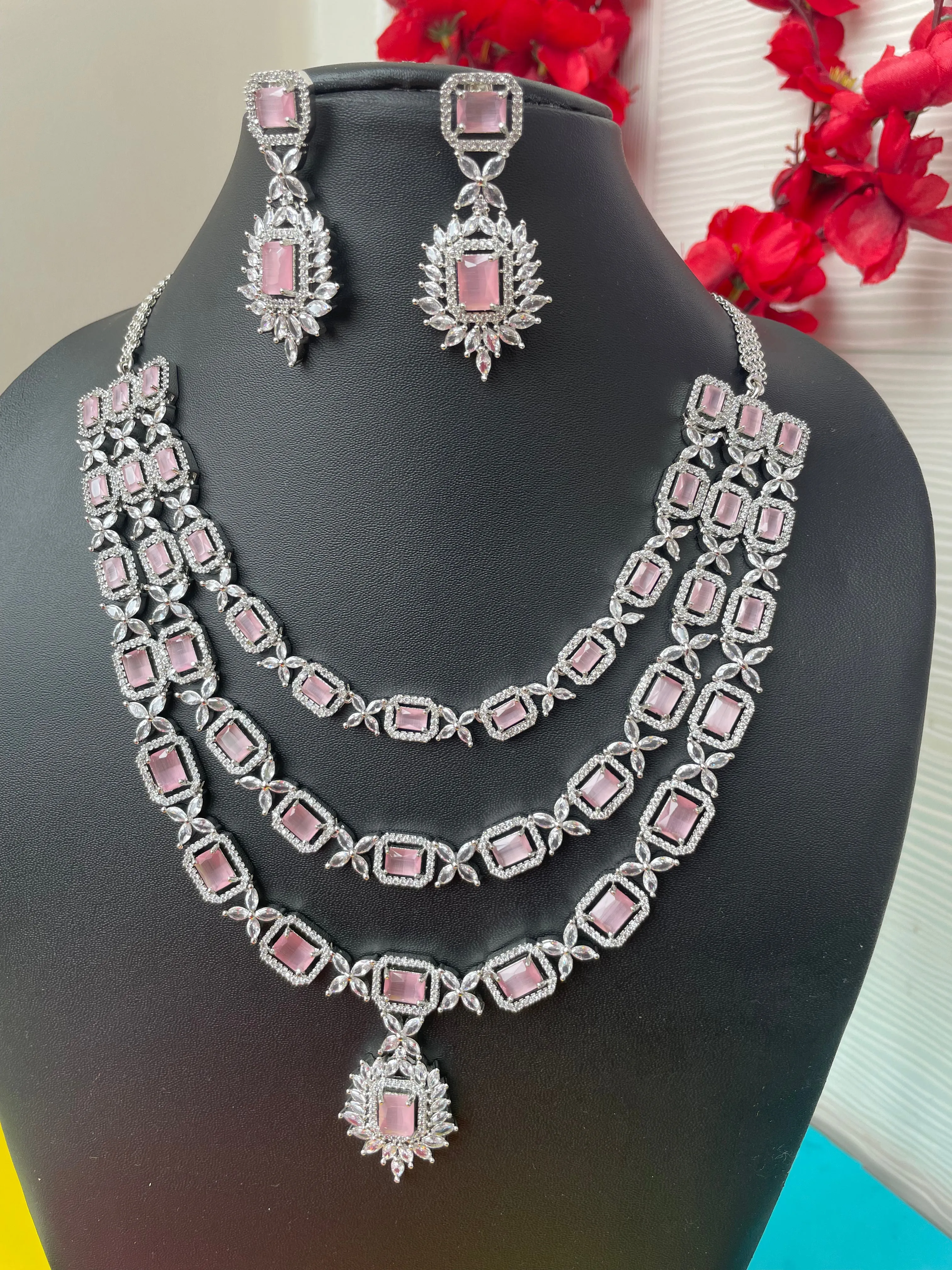 Pastel Pink Triple Layered Necklace-Elegance8