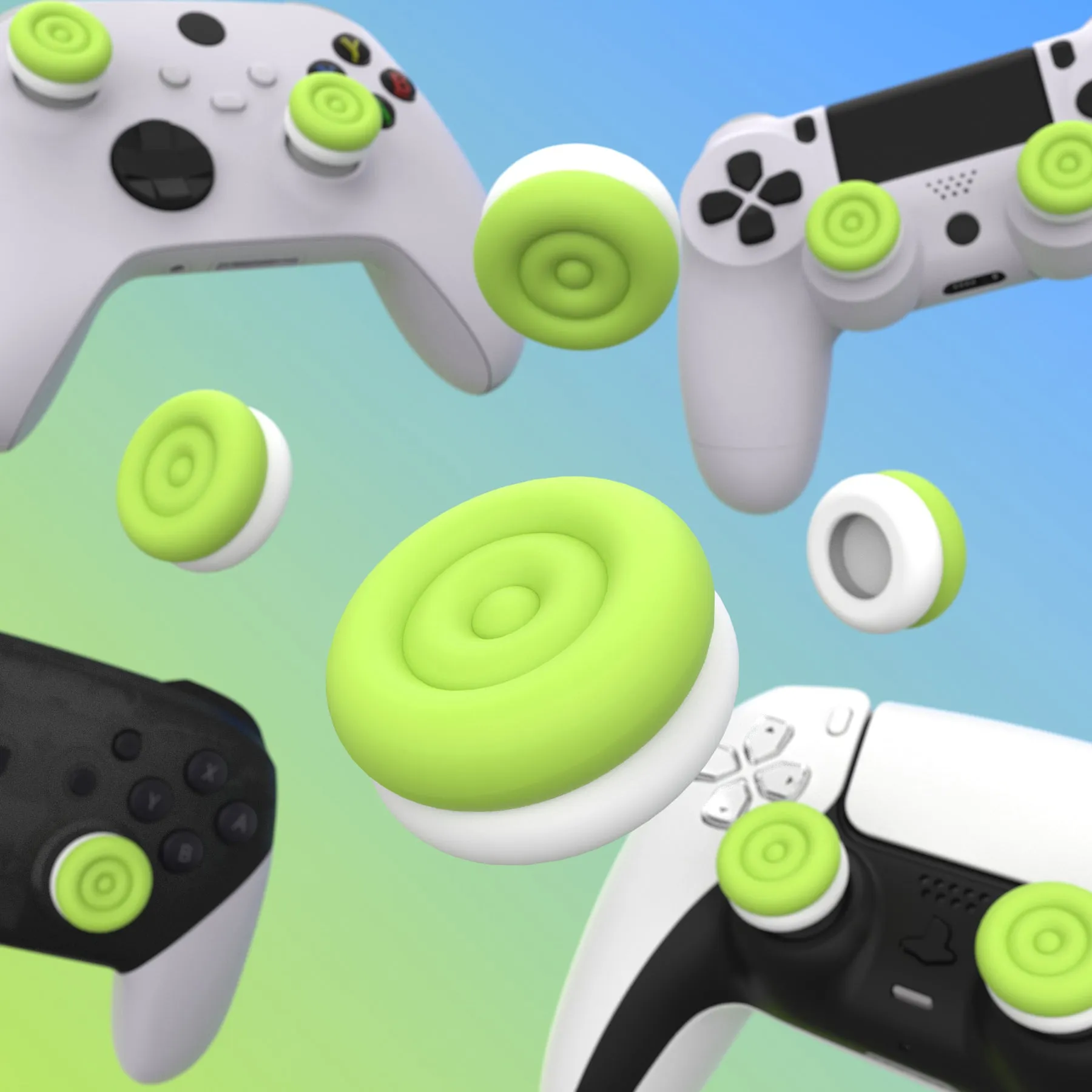 PlayVital Thumbs Cushion Caps Thumb Grips for ps5, for ps4, Thumbstick Grip Cover for Xbox Series X/S, Thumb Grip Caps for Xbox One, Elite Series 2, for Switch Pro Controller - Bright Green & Robot White - PJM3040