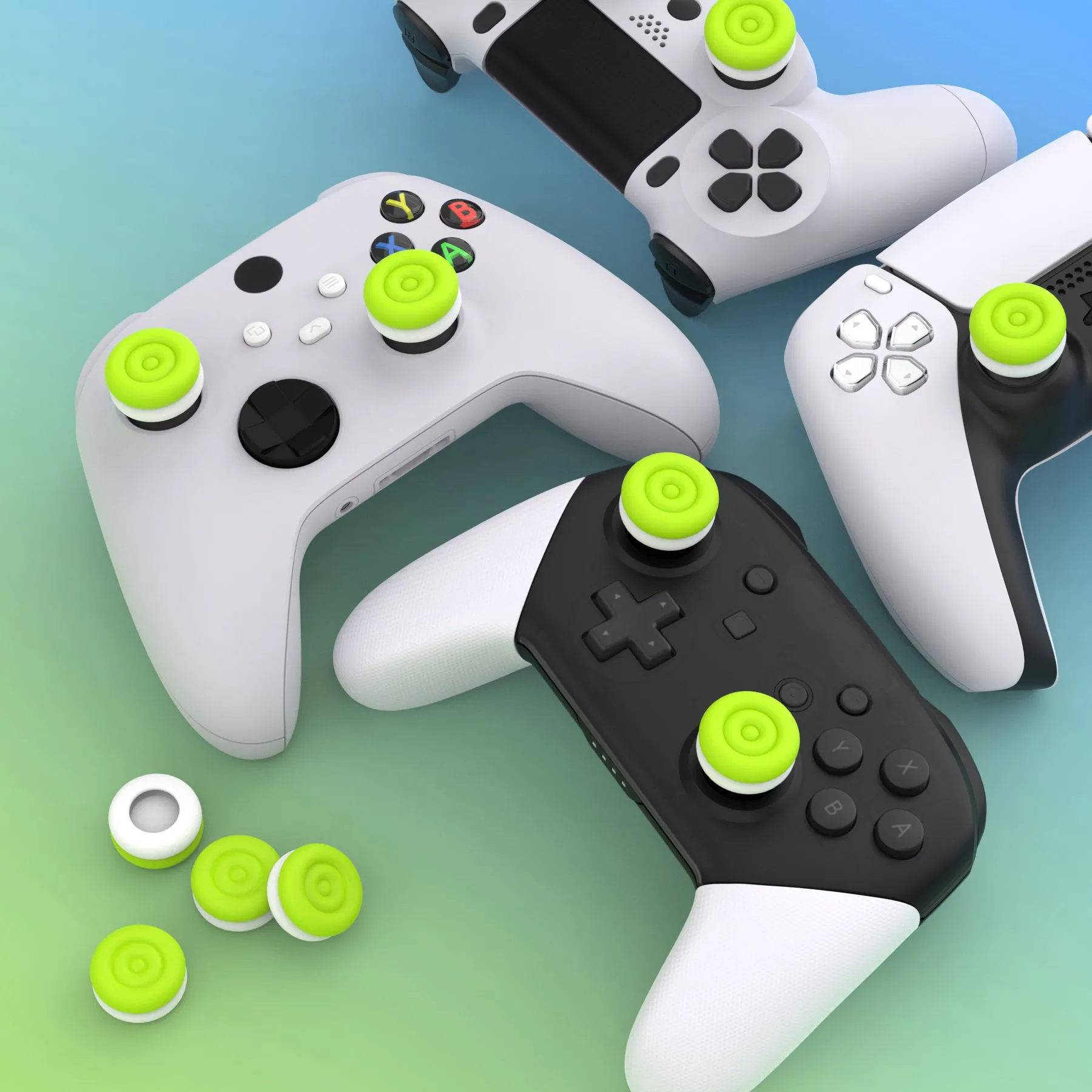 PlayVital Thumbs Cushion Caps Thumb Grips for ps5, for ps4, Thumbstick Grip Cover for Xbox Series X/S, Thumb Grip Caps for Xbox One, Elite Series 2, for Switch Pro Controller - Bright Green & Robot White - PJM3040