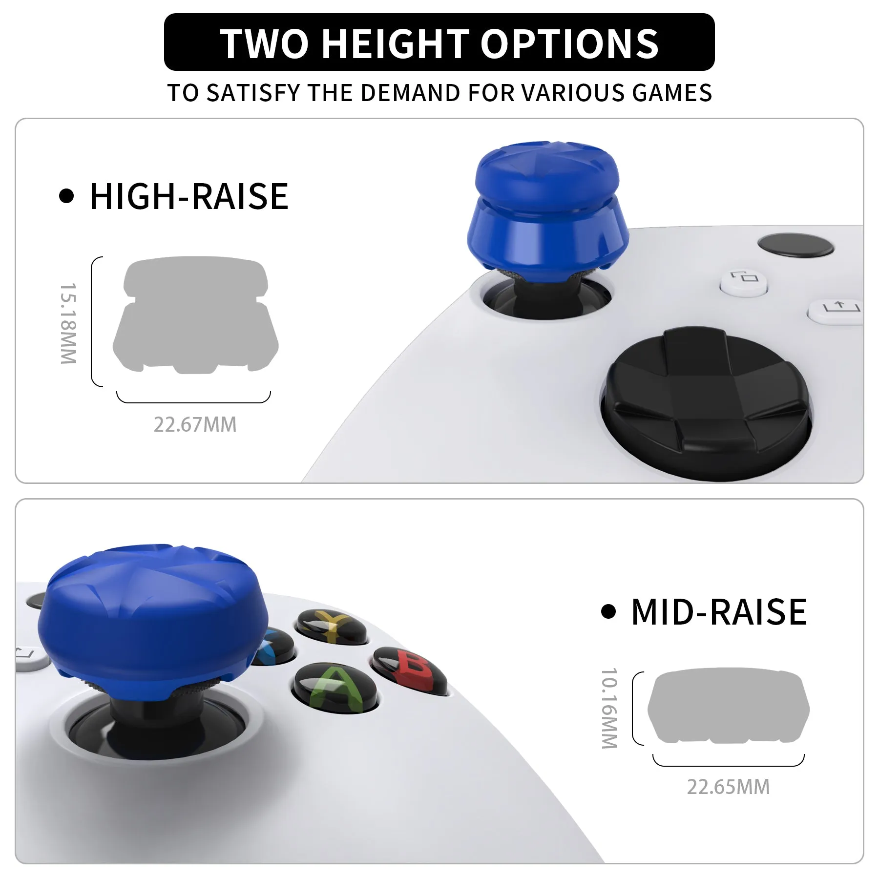 PlayVital Thumbs Pro RAZOR Thumbstick Extender for Xbox Core Controller, for Xbox Series X/S Controller, Joystick Caps for Xbox One Controller - 2 High Raise & 2 Mid Raise Dome - Blue - PJM5007